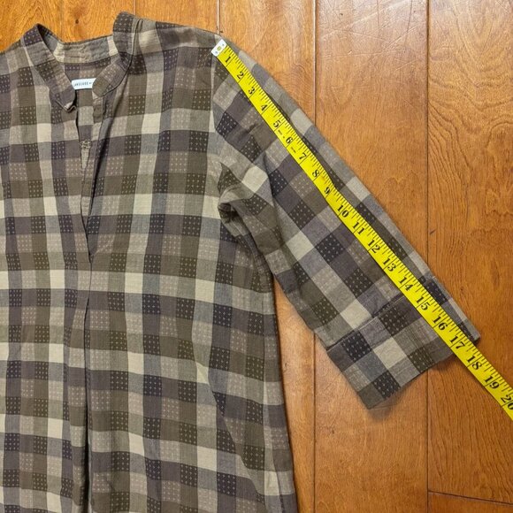 Language of the Birds Women Linen Top Size S Brown Plaid Stitched Lagenlook Boho - Picture 11 of 12